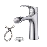 NEWATER Waterfall Bathroom Faucet Single-Handle Brushed Nickel Bathroom Sink Faucet Single Hole Faucet for Bathroom Sink，RV Vessel Vanity Faucet，Pop-Up Drain