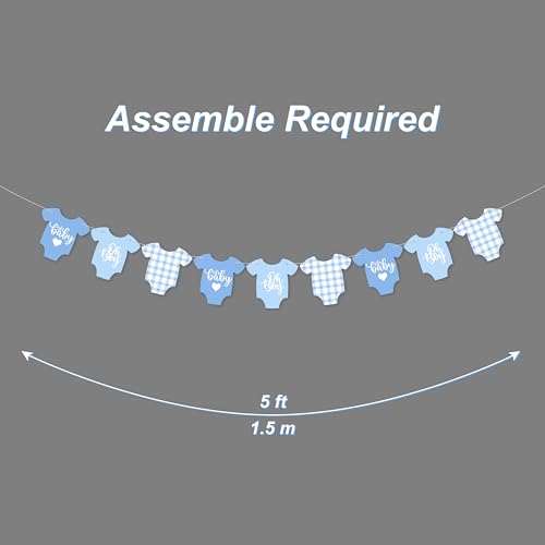 Image of Blue Gingham Baby Shower Banner, 9 Pieces Baby Blue Babysuit Garland Banner for It's a Boy Baby Shower Decoration