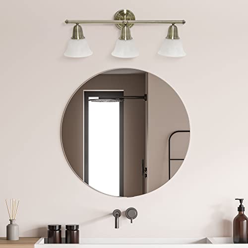 Image of Simple Designs VT1027-ABS 26.5 inch Classic 3 Light Straight Metal Bar & Frosted Marble White Bell Shape Glass Shades Decorative Wall Mounted Vanity Fixture for Bathroom, Entryway, Hallway, Antique Brass