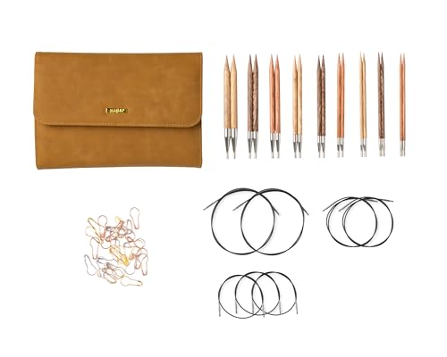 Image of Knit Picks Claudette Wood Interchangeable Knitting Needles Set with Case | 9 sizes of 4.75 inch long knitting needles, sizes 4-11, includes cables, stitch markers, and endcaps.
