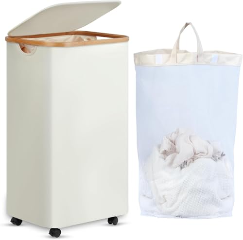 efluky Laundry Basket with Wheels, Tall Rolling Laundry Hamper with Lid and Removable Bag, Aesthetic Dirty Clothes Hamper on Wheels for Laundry Room, Bedroom, Dorm and Bathroom, 100L Beige