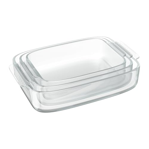 Relaxdays Auflaufform Set, Glas, 3 Größen, eckig, Ofenform für Lasagne, Gratin, Tiramisu, spülmaschinenfest, transparent