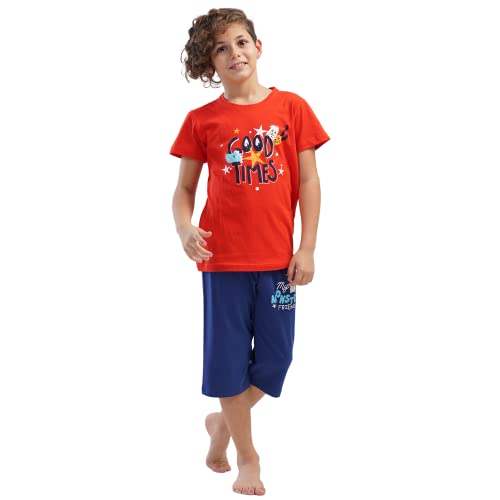 Explosive-line by Vienetta kurzer Schlafanzug Jungen, Kinderschlafanzug aus Baumwolle Kurzarm, Sommer Nachtwäsche für Kinder, Rot Cover