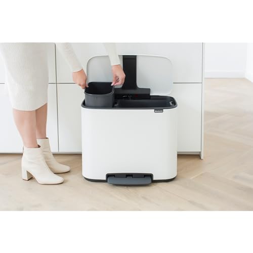 Image of Brabantia Bo Step-On Kitchen Trash Can with Dual Compartments | White | 3 + 6 Gal Inner Buckets | Soft-Close Garbage Can, Light Pedal Operation, Stay-Open Lid | Fits Against Wall | + Trash Bags