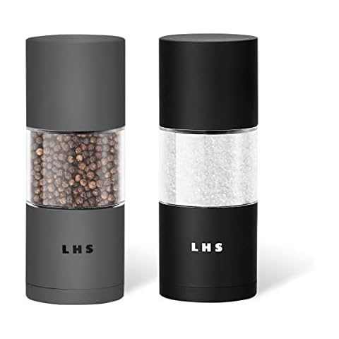 LHS Premium Salt and Pepper Grinder Set, Stainless Steel Salt Pepper Shaker Set, Refillable Pepper Grinder and Salt Mill with Adjustable Coarseness for Kitchen Use - 4.6 Inches(2-Pack, Grey & Black) Cover