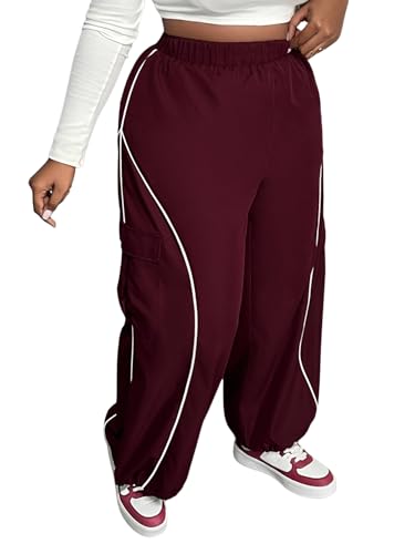 OYOANGLE Women's Plus Size Contrast Binding Cargo Pants Elastic Waist Wide Leg Baggy Parachute Trousers