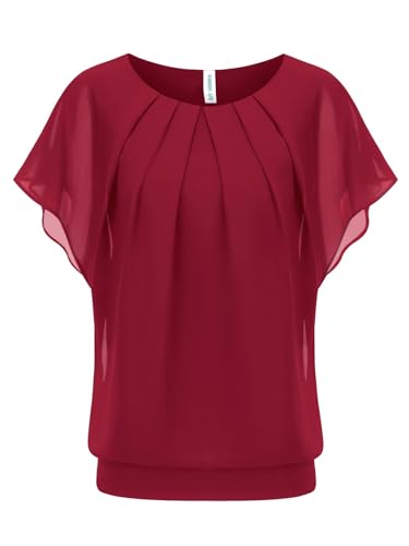 WANGZHI Damen Fledermaus Chiffonbluse Batwing Rundkragen Bluse Casual Loose Fit Sommer Oberteile rot Shirt Damen elegant Elegante blusen Oversize Shirt Damen,XXL
