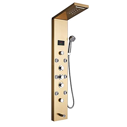 Sistema doccia Pannello doccia LED per vasca da bagno Cascata dorata Colonna doccia a pioggia Rubinetto Schermo digitale per temperatura Sistema doccia Miscelatore per vasca Beccuccio, stile oro A
