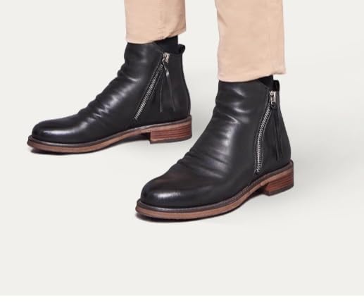 Men's Leather Ankle Boots Classic Side Double Zipper Low Heels Vintage Business Dress Oxford Boot Casual Men Leather Boots (Black,10.5)3