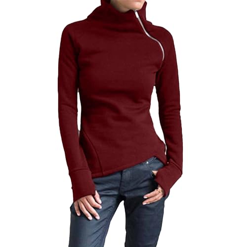 JEsilunmaMY Slim Fit Turtleneck Sweatshirt for Women Zip Irregular Hem Pullover with Thumb Hole Casual Mock Neck Sweater Tops