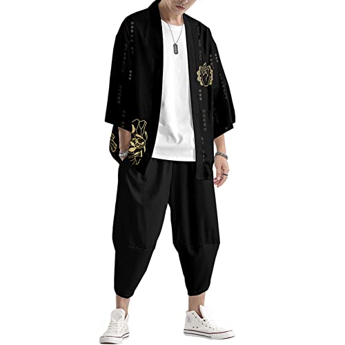 Image of DOSLAVIDA Men's Japanese Kimono Jacket Set Stylish Open Front Coat With Shorts Chinese Style Printed Cardigan Suit