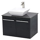 WindBay Wall Mount Floating Bathroom Vanity Sink Set. Black Vanity, Black Flat Stone Countertop...