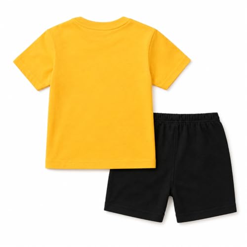 Image of Bold N Elegant Unisex Kid Cotton Solid Playful Happy Face Print Half Sleeve T-Shirt & Denim Shorts Summer Clothing Set