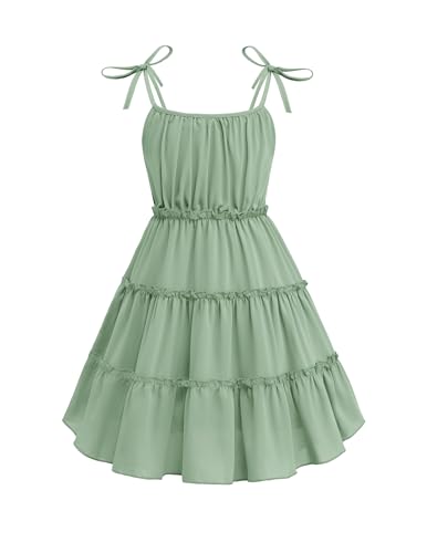 Arshiner Girls Summer Sundress Light Green Boho Spaghetti Strap Ruffled Tiered Midi Dresses Casual Cami Dress Size 12-13Y