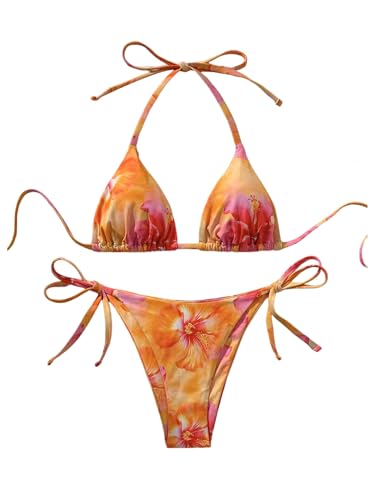 Women's 2 Piece Floral Print Bikini Set Halter Triangle String Cheeky Bathing Suits High Cut Swimsuit