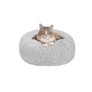 Veehoo Calming Cat Bed for Small Cats, Anti Anxiety Donut Small Cat Bed, Round Fluffy Cuddler Washable Pet Bed, Plush Indoor Cat Dog Bed with Slip-Resistant Bottom for Puppy & Kitten, 20″, Light Grey