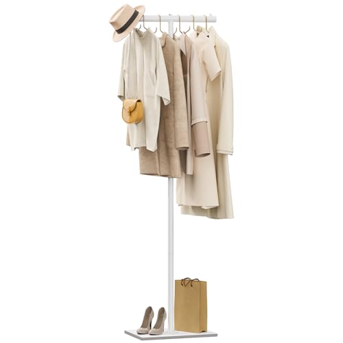 OUTBORS Perchero, Multifuncion Percha de Estructura en Forma de T, Organizadora Independiente con Gancho, Disponible para Armario, Dormitorio, Pasillo, Entrada, 175cm, Blanco