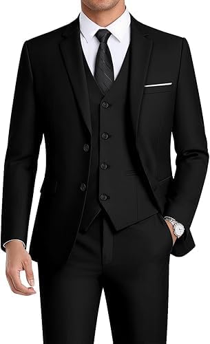 Men's 3-Piece Slim Fit Suit Set, 2-Button Blazer with Vest and Trousers, Formal Wedding, Prom, Party and Business Tuxedo Black-picture-44