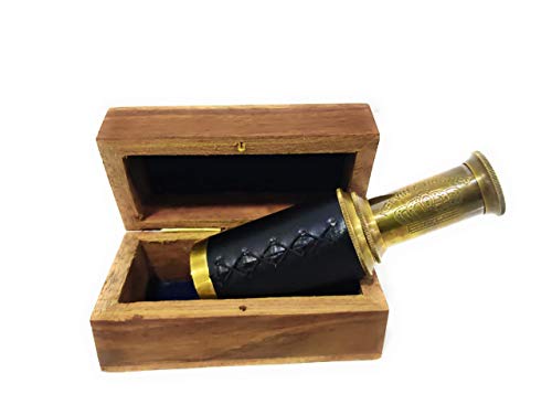 NauticalMart Mini Brass Handheld Telescope with Wooden Box, 6 Inch, Fully Coated, Manual Focus, Beginner, All Ages, Brass