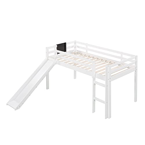 Glchq Multifunctional Design Solid Wood Twin Kids Loft Bed With Slide For Boys & Girls Bedroom (White With Chalkboard) #TOP3