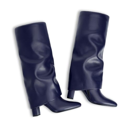 Image of Knee High Boots Women Fold Over Boots Chunky Heel Pointed Toe Tall Boots