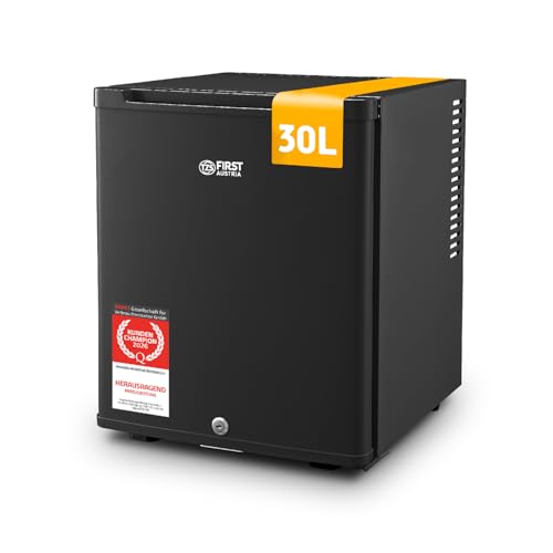 TZS First Austria - Mini Kühlschrank 30L komplett lautlos - Kleiner Minikühlschrank, wechselbarer Türanschlag & Innenbeleuchtung - Minibar für Camping, Büro, Schlafzimmer & Hotel - Mattschwarz