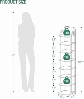 8 Tiers Vertical Shoe Rack, Narrow Shoe Tower, Tall Shoes Shelf with 2 Hooks, Adjustable Shelves, Corner Shoes Shelves for Small Spaces, Entryway, Living Room, Rustic Brown SR04301B