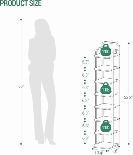 Hzuaneri 8 Tiers Vertical Shoe Rack, Narrow Shoe Tower, Tall Shoes Shelf with 2 Hooks, Adjustable Shelves, Corner Shoes Shelves for Small Spaces, Entryway, Living Room, Rustic Brown SR04301B