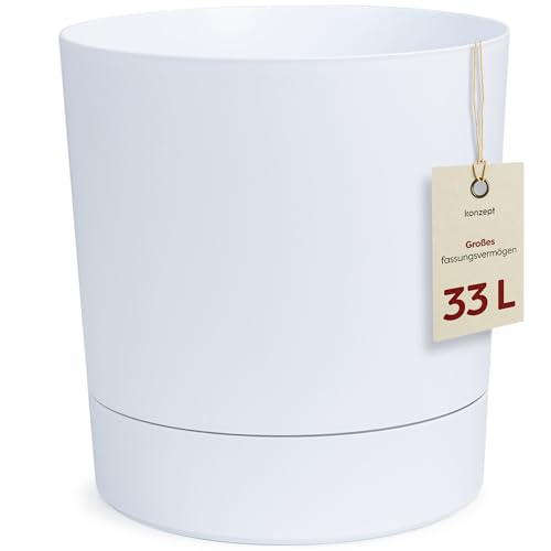KONZEPT Blumentopf mit Untersetzer 38 cm - großer Übertopf aus Kunststoff für Zimmerpflanzen, modern und wetterfest, für Innen und Außen, Weiß