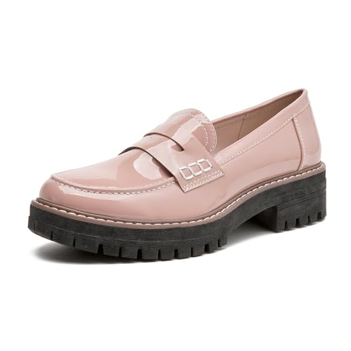 Image of Womens Loafers Comfortable Platform Penny Loafer Chunky Heel Business Casual Dress Shoes Fashion Patent Leather Women's Loafers & Slip-ons
