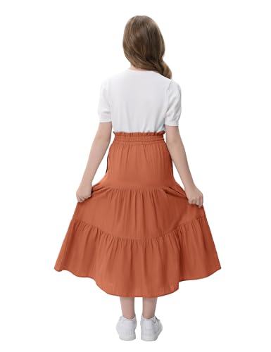 Image of Maxi Skorts Skirt for Girls Button Front High Waisted Long Skirt with Belt Ruffled Skirts with Pocket 3-12Years