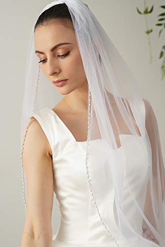 Elawbty Womens 1 Tier Fingertip Length Short Crystal Beaded Wedding Bridal Veil With Comb X09 White #TOP2