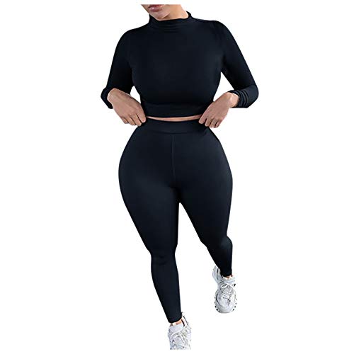 Femmes Couleur Solide col roulé Slim Yoga Fitness Pantalon à Manches Longues Shapeware Ensemble Lit Et Commode pour (Black, S)
