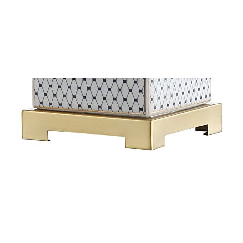 Image of JONATHAN Y 21.5 inch White and Navy Blue Ceramic Ginger Jar LED Table Lamp, Modern Chinoiserie Fishnet Pattern with White Linen Shade and Brass Gold Base, LED Bulb Included JYL3043A