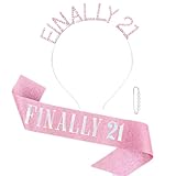 Semato 21st Birthday Sash & Rhinestone FINALLY 21 Birthday Headband Kit- Pink 21st Birthday Decorations for Her