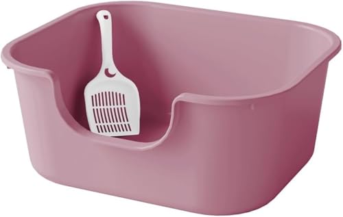 MLTUN MAKAN 大型の持ち出し防止半密閉式巨大猫用トイレ、スコップ付き、低い入り口、溢れ防止、オールインワンポータブルトイレボックス、お手入れ簡単、深型、子猫に最適、あらゆる種類の猫砂、ペット用品に最適 (エレガントピンク【猫砂スコップ付き】)