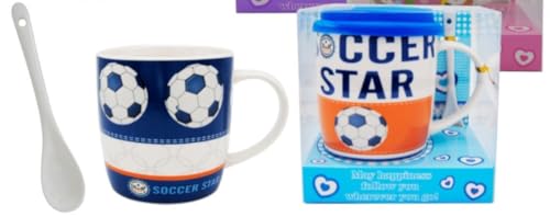 Lote de 4 Tazas de Cerámica Infantiles con Cuchara y Tapa Fútbol. Recuerdos. Regalos Originales. Detalles de Bodas, Comuniones, Bautizos, Cumpleaños. DC