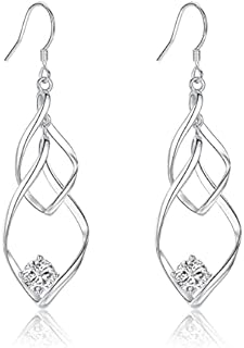 Silver Dangle Drop Earrings for Women, Cubic Zirconia Double Twisted Linear Marquise Loops French Wire CZ Earring | Hypoallergenic Cartilage Piercing Dangle Jewelry (Silver/Gold/Blue/Purple)