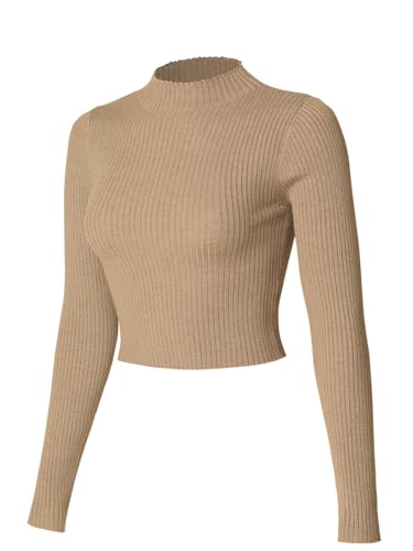 Image of MixMatchy Women's Basic Long Sleeve Mock Neck Ribbed Sweater Fitted Crop Knit Pullover Tops