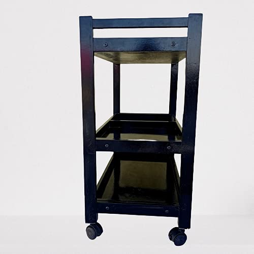 Image of 3-Tier Solid Wood Rolling Bar Cart - Wine Serving Cart & Kitchen Storage with Seasoning Rack (Brown Polish) - Style 14