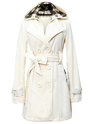 Minetom Femme Trench-Coat à Double Boutonnage Ceinture Bouton Automne Hiver Manche Longue Veste Manteau à Capuche A Blanc XL
