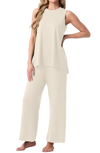 PrinStory Womens Pajamas Sets Lounge Sets for Women Sleeveless Pajama Set 2 Piece Pjs Soft Loungewear with Pockets Beige Apricot-XL