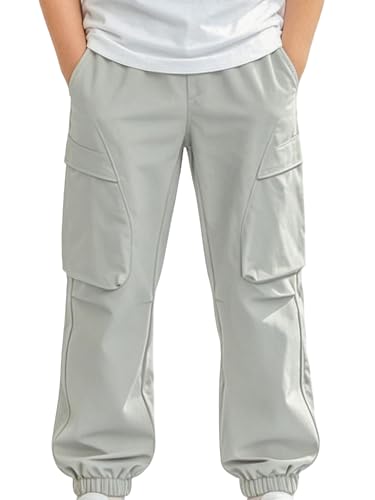 LUCKYLI Boys Pants - Urban Cargo Track Pants with No-Roll Elastic Waistband, Durable Nylon-Spandex Blend, Tapered Cuffed Joggers for Active Kids, School & Outdoor Play 4-12Y Grey