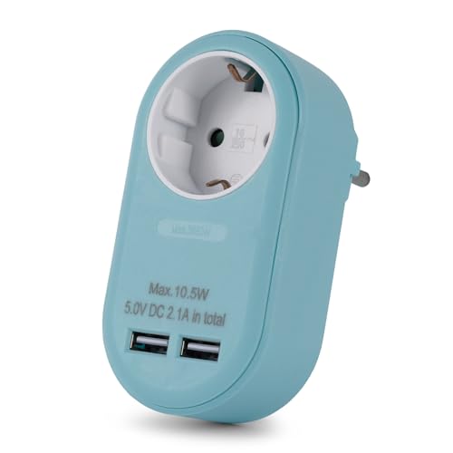 Adaptateur de Prise Entac Bleu avec Bloc Multiprise 2 USB-A pour Chargeur Smartphone