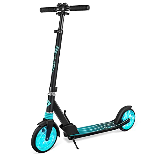 Beleev Scooters for Kids 14 Years and up, Foldable Kick Scooter 2 Wheel, Quick-Release Folding System, Large 200mm Flashing Wheels Scooters for Adults and Teens (Light Green)