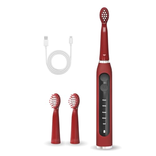 Image of Obvie Sonic Electric Toothbrush For Adults With 5 Modes, 3 Brush Heads, Rechargeable & IPX7 Waterproof, 30-Day Battery Backup, Automatic Power Toothbrush for Men Woman (Red)