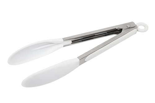Wiltshire Silicone Kitchen Tongs 23cm, Cooking & Serving, Salad Tongs, Heat Resistant Utensil, Non-Stick, Non-Scratch, Locking Mechanism, Stainless Steel Non-Slip Handle, 23x7x4cm, White & Silver