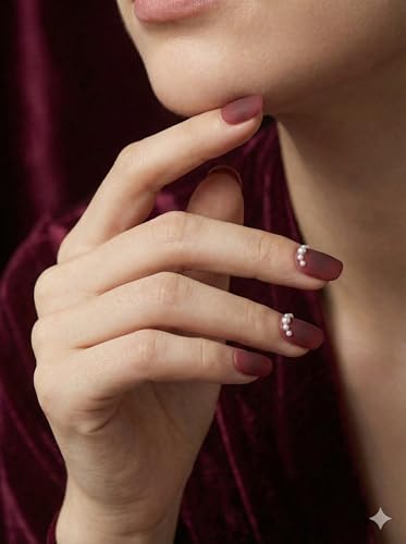 Image of Fake Nails with Glue and Kit| Press On Nails | ABS Material UV Protected Long Lasting Finish | Reusable Customizable Nail Kit (Burgundy - Short Squre)