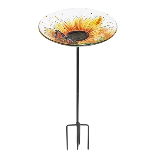 MUMTOP Bird Baths for Outdoors, Glass Birdbath Birdfeeder Bowl with Metal Stake for Outside Garden Yard Lawn Sunflower Butterfly Decor