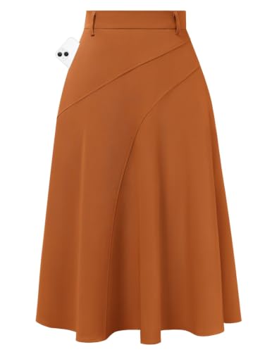 Image of Women's Business Casual Midi Skirt, High Waist Flowy Skirts with Pockets
